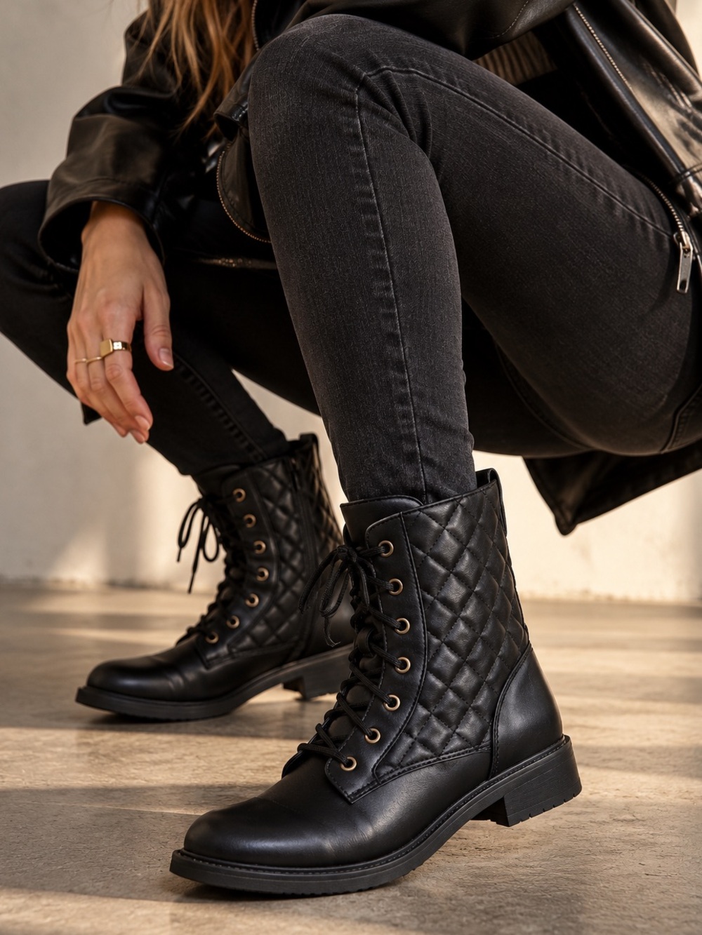 Cougar Black Jessy Waterproof Quilted Combat Grunge Vegan Boots K-Pop Sz 9M